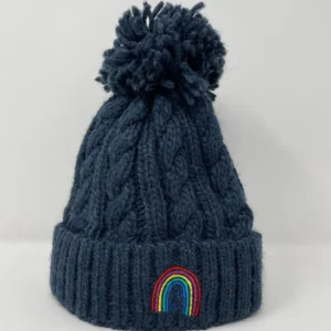 Slate Blue Amazing Grace hat in knit beanie style with pompom