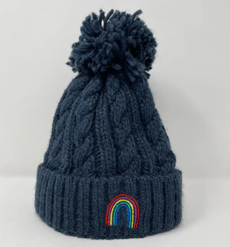 Slate Blue Amazing Grace hat in knit beanie style with pompom